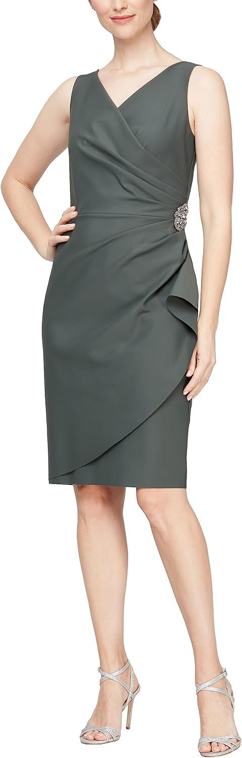 Elegant slimming ruched short dress with ruffles in [color], styled for date night and wedding guest occasions — view 4