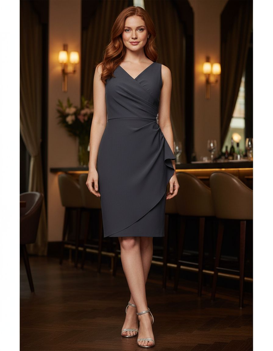 Elegant slimming ruched short dress with ruffles in [color], styled for date night and wedding guest occasions — view 6