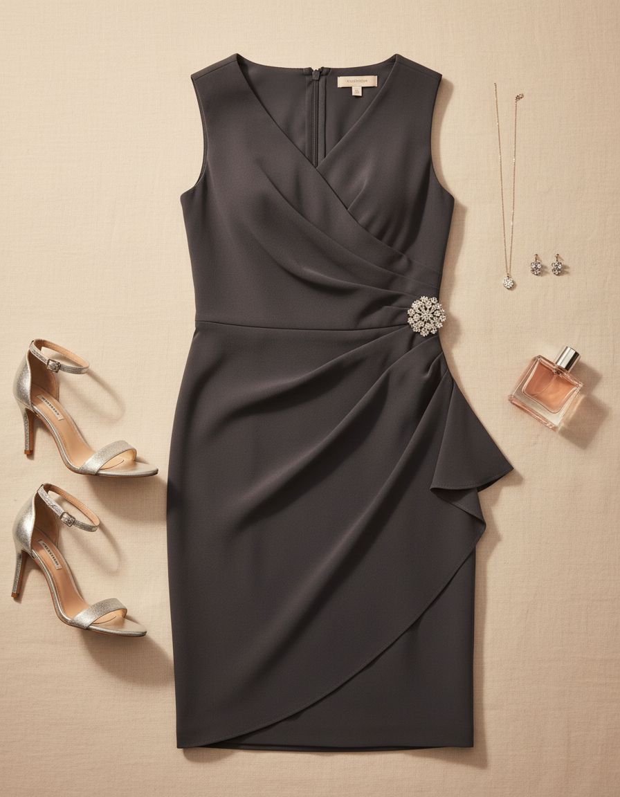 Elegant slimming ruched short dress with ruffles in [color], styled for date night and wedding guest occasions — view 7a
