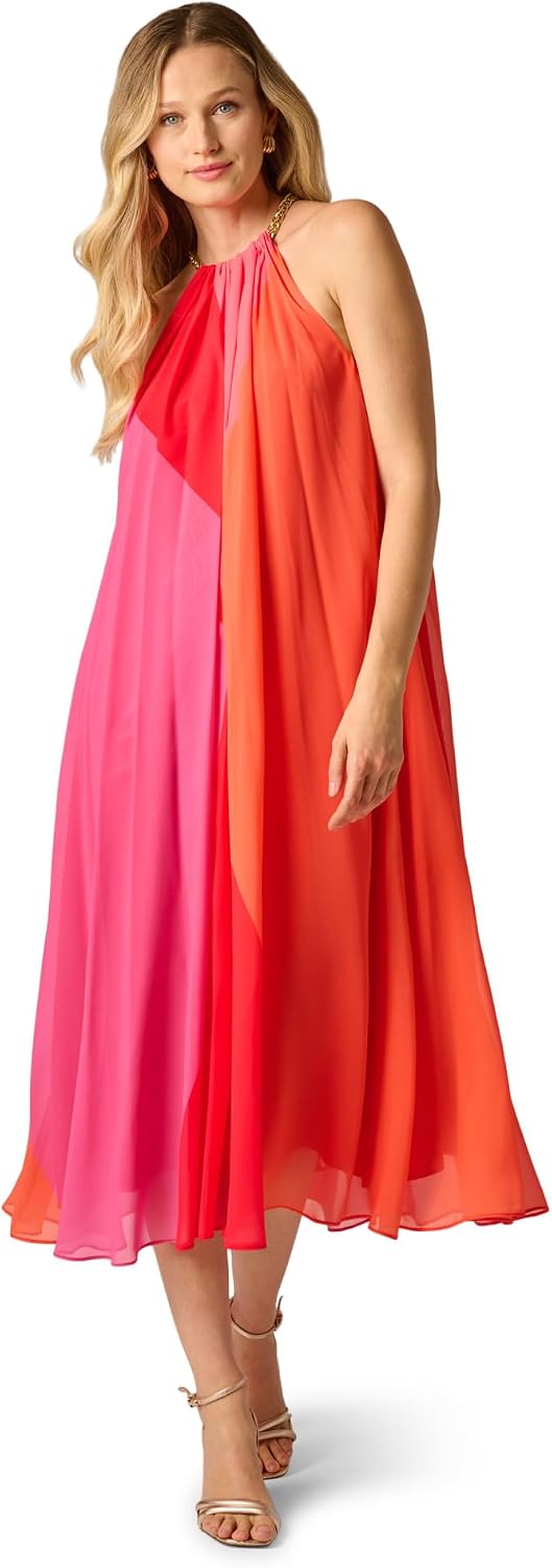 Color block chiffon dress in [color combination] worn for [work/wedding guest occasion] — view 1