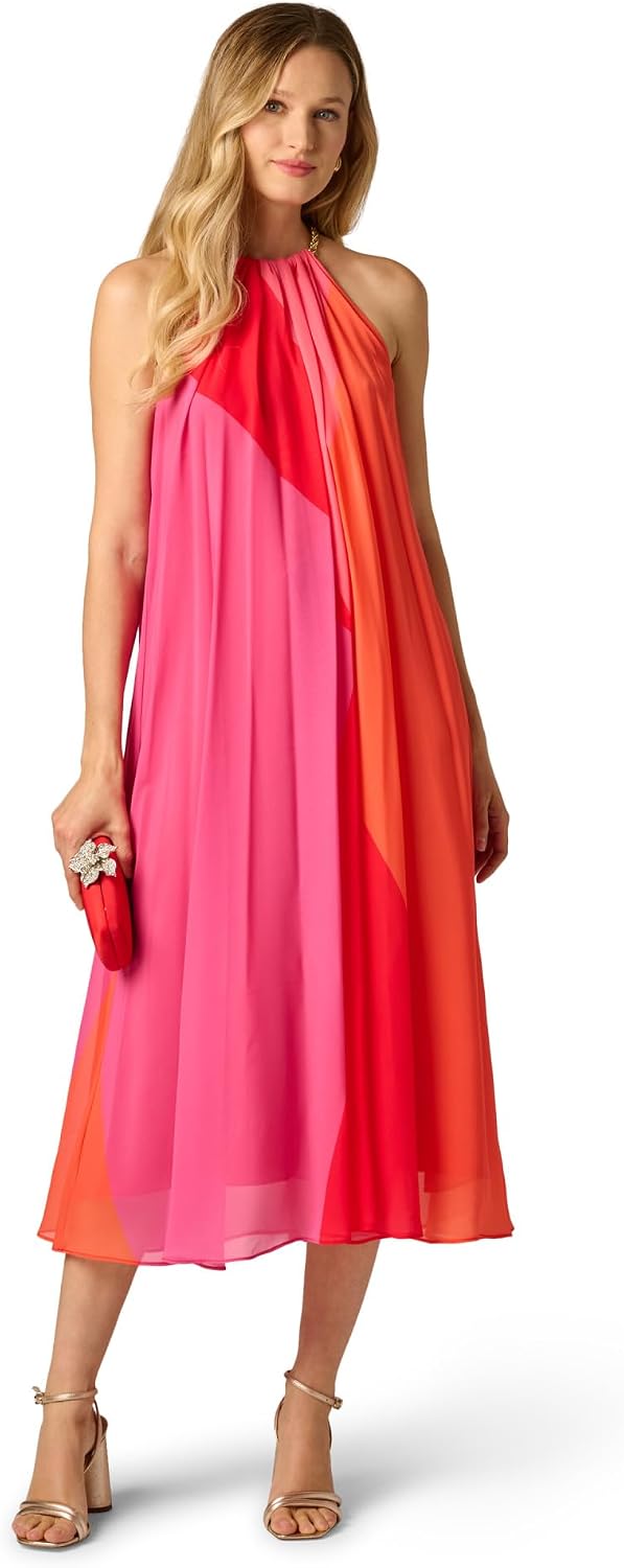 Color block chiffon dress in [color combination] worn for [work/wedding guest occasion] — view 3