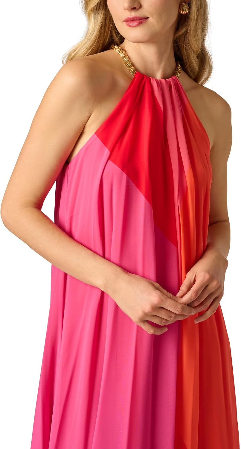 Color block chiffon dress in [color combination] worn for [work/wedding guest occasion] — view 4