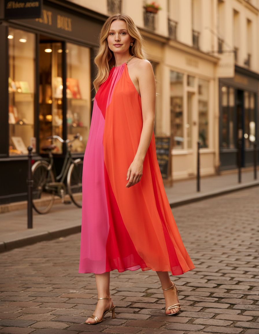 Color block chiffon dress in [color combination] worn for [work/wedding guest occasion] — view 3b
