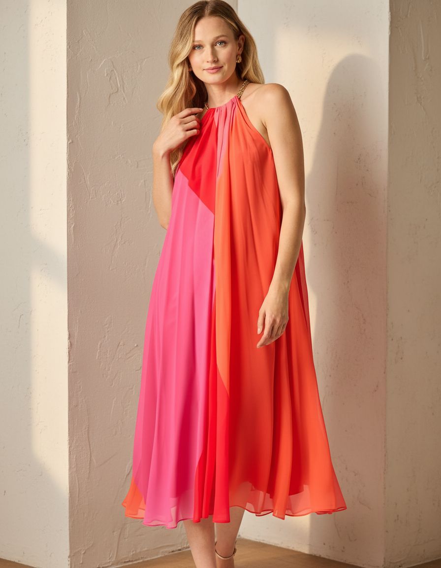 Color block chiffon dress in [color combination] worn for [work/wedding guest occasion] — view 7b