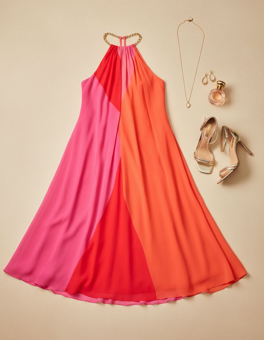 Color block chiffon dress in [color combination] worn for [work/wedding guest occasion] — view 7a