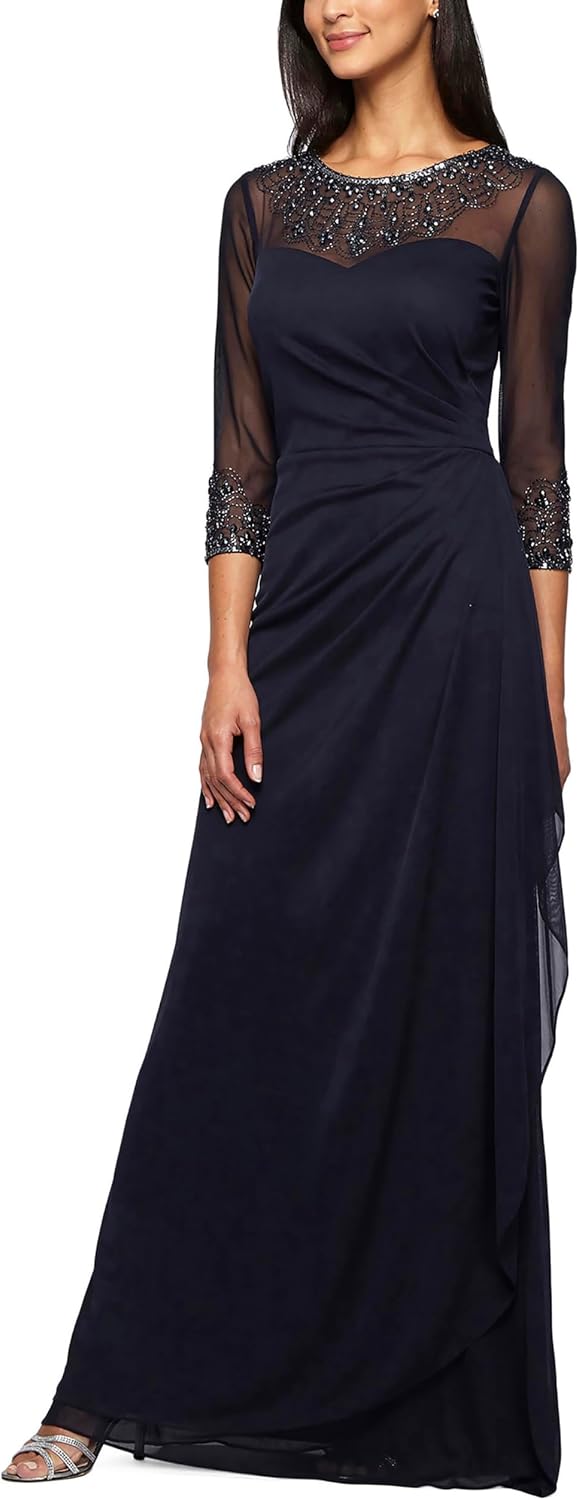 Elegant A-line mother of the bride dress in [color] with illusion neckline and sleeves, available in petite and regular sizes — view 1