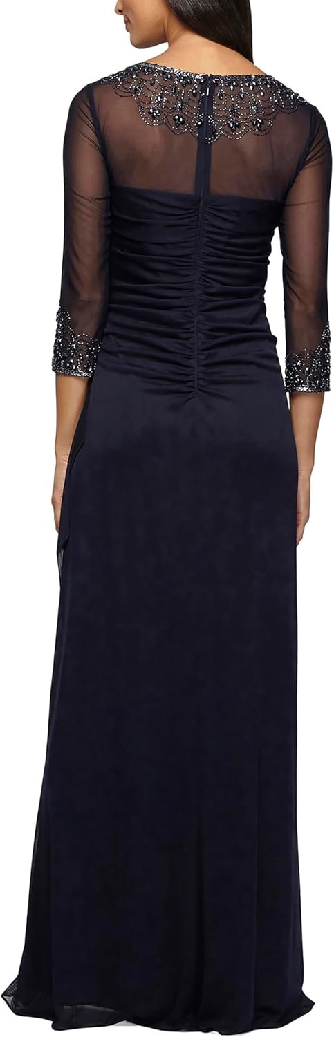 Elegant A-line mother of the bride dress in [color] with illusion neckline and sleeves, available in petite and regular sizes — view 2