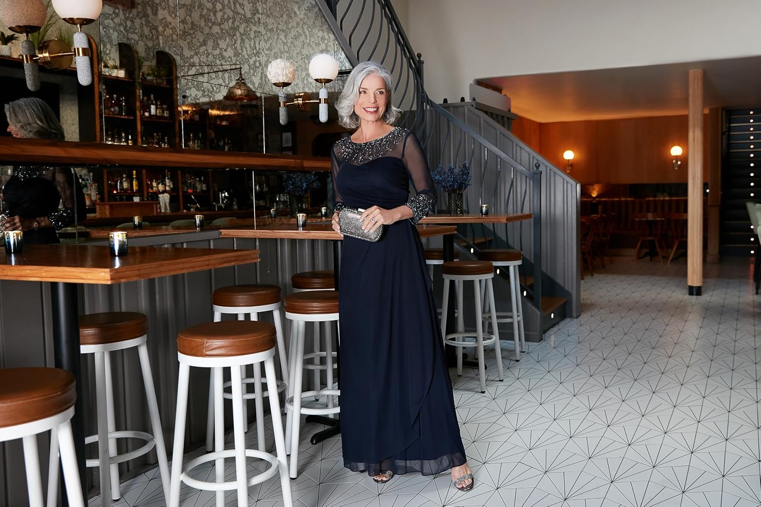 Elegant A-line mother of the bride dress in [color] with illusion neckline and sleeves, available in petite and regular sizes — view 4