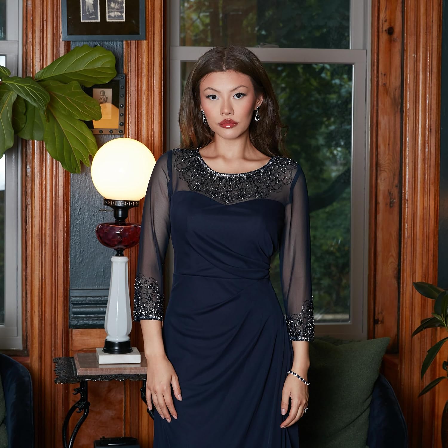 Elegant A-line mother of the bride dress in [color] with illusion neckline and sleeves, available in petite and regular sizes — view 2