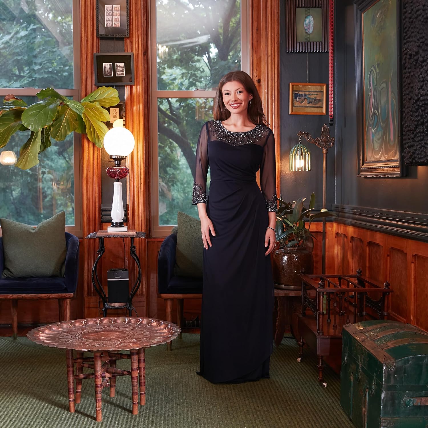 Elegant A-line mother of the bride dress in [color] with illusion neckline and sleeves, available in petite and regular sizes — view 3