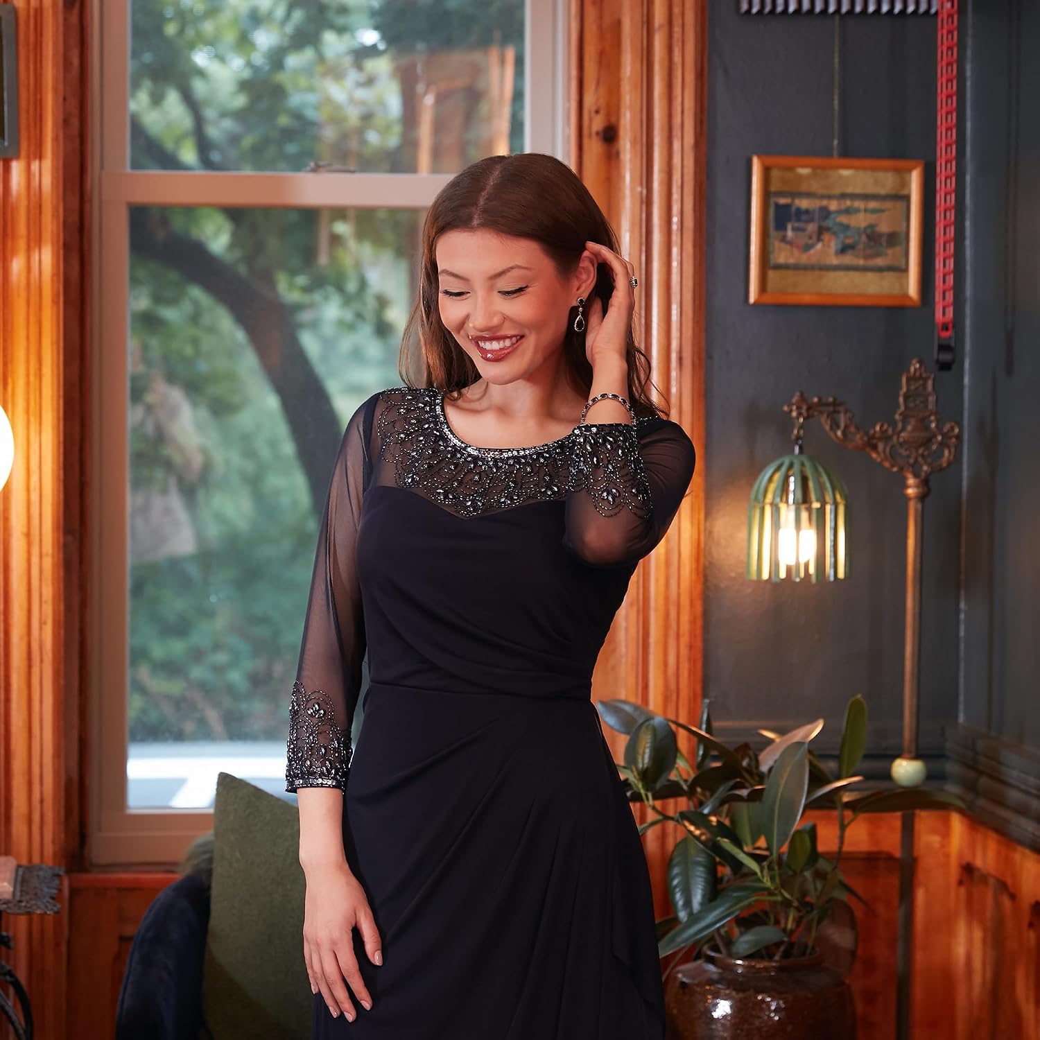 Elegant A-line mother of the bride dress in [color] with illusion neckline and sleeves, available in petite and regular sizes — view 4