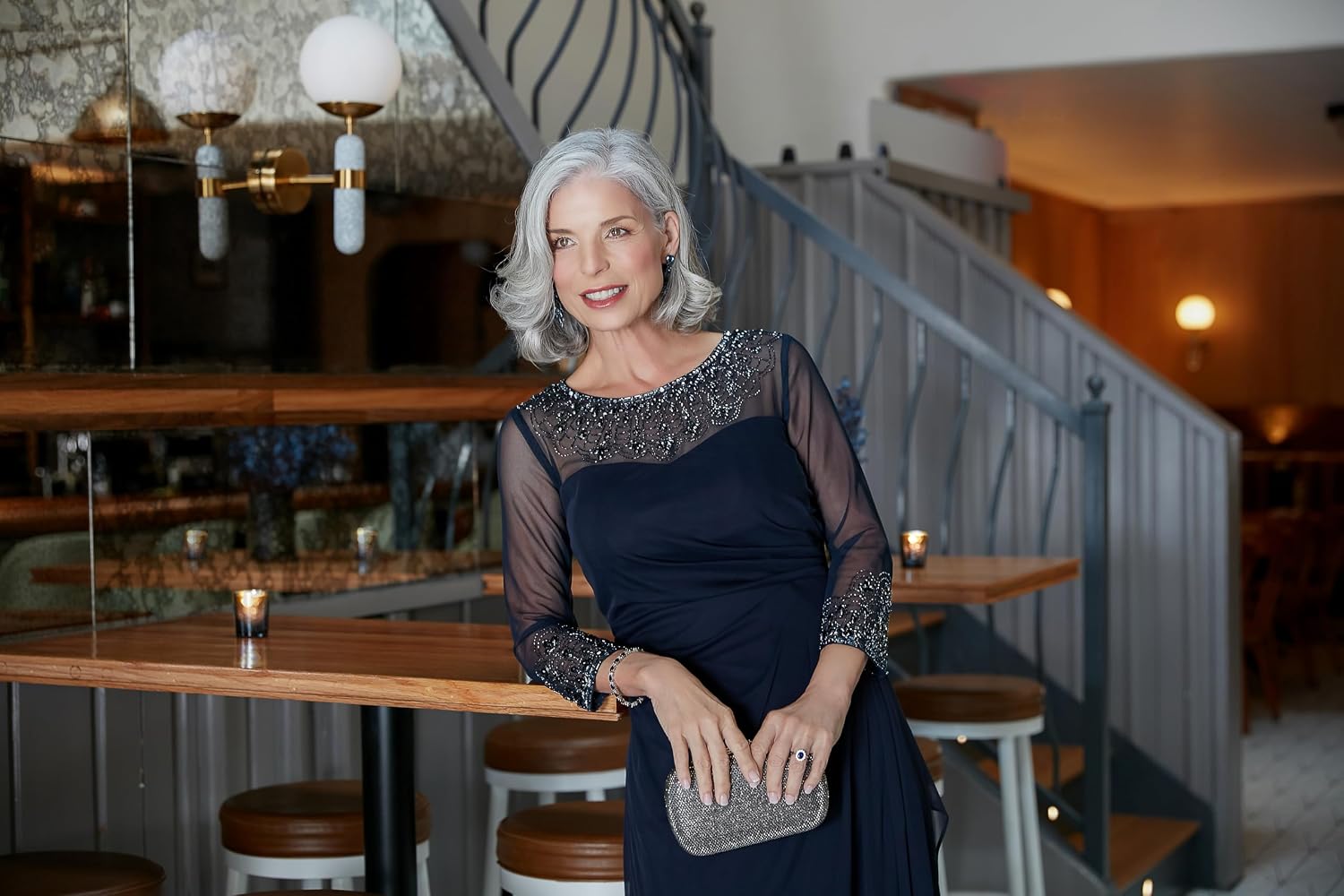 Elegant A-line mother of the bride dress in [color] with illusion neckline and sleeves, available in petite and regular sizes — view 5