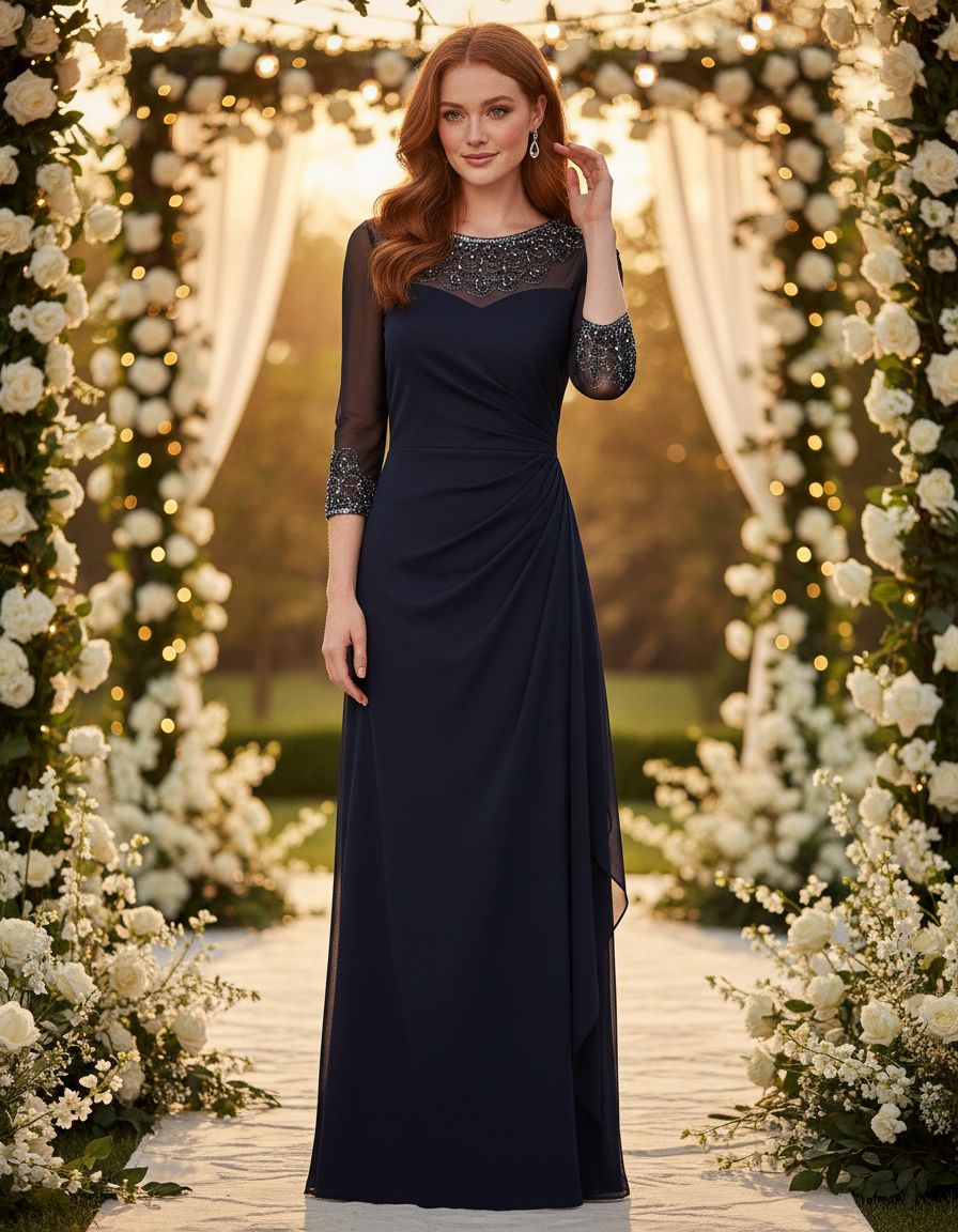 Elegant A-line mother of the bride dress in [color] with illusion neckline and sleeves, available in petite and regular sizes — editorial hero