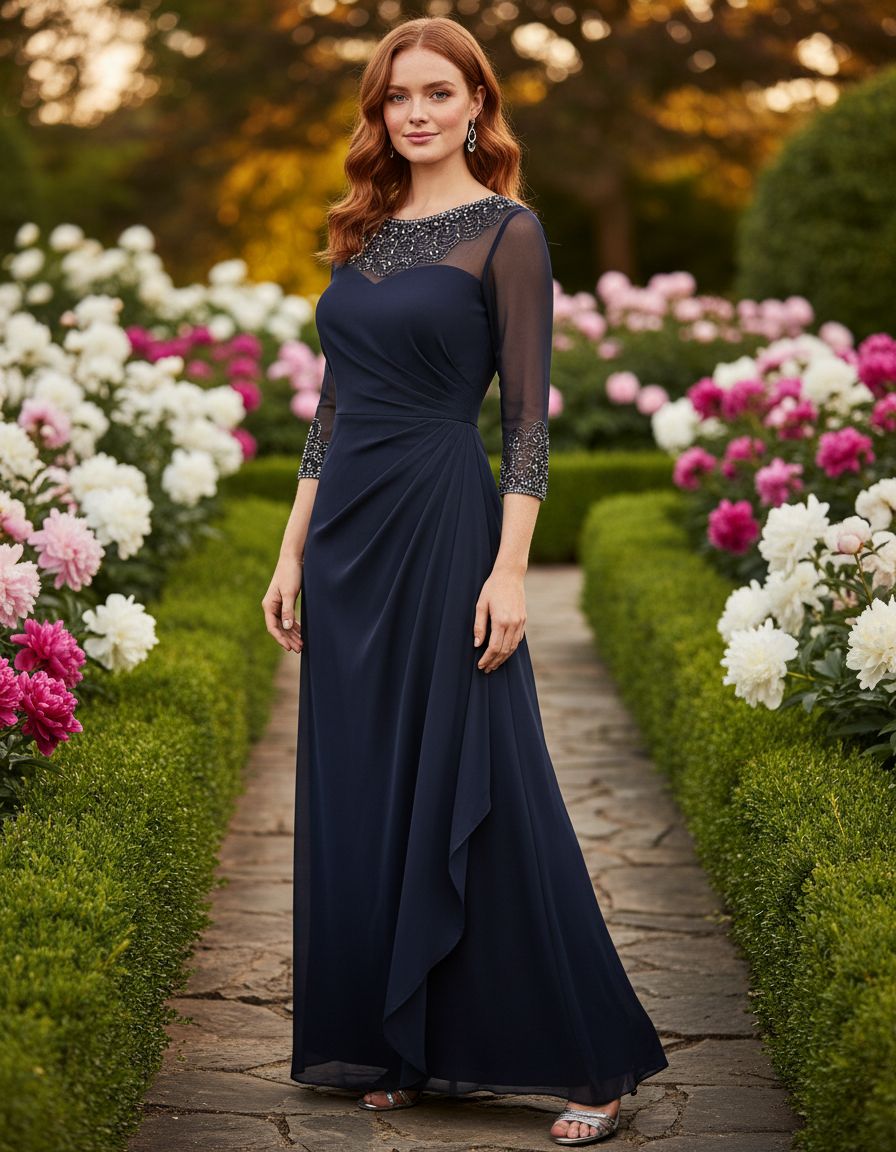 Elegant A-line mother of the bride dress in [color] with illusion neckline and sleeves, available in petite and regular sizes — view 3b