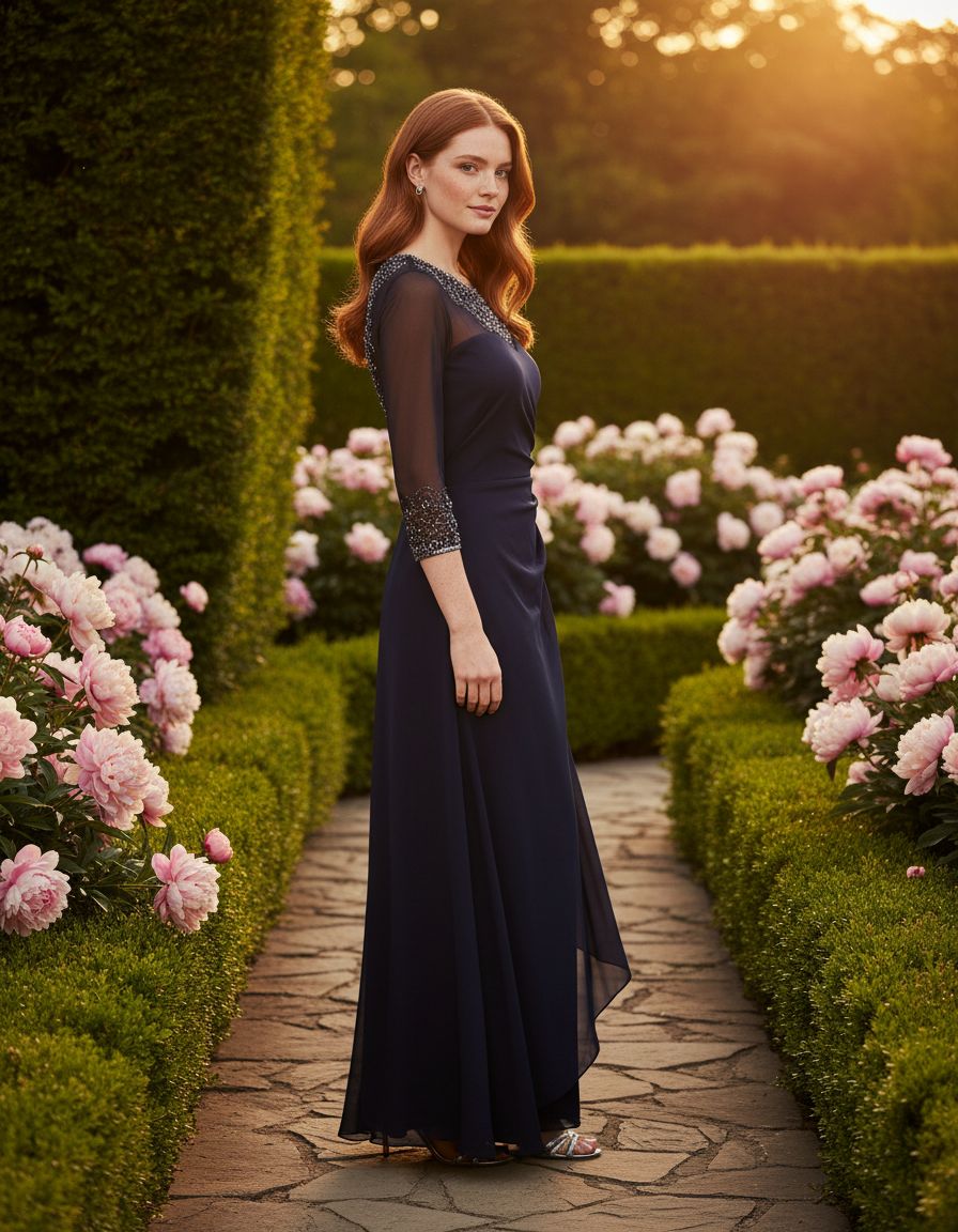 Elegant A-line mother of the bride dress in [color] with illusion neckline and sleeves, available in petite and regular sizes — view 5b