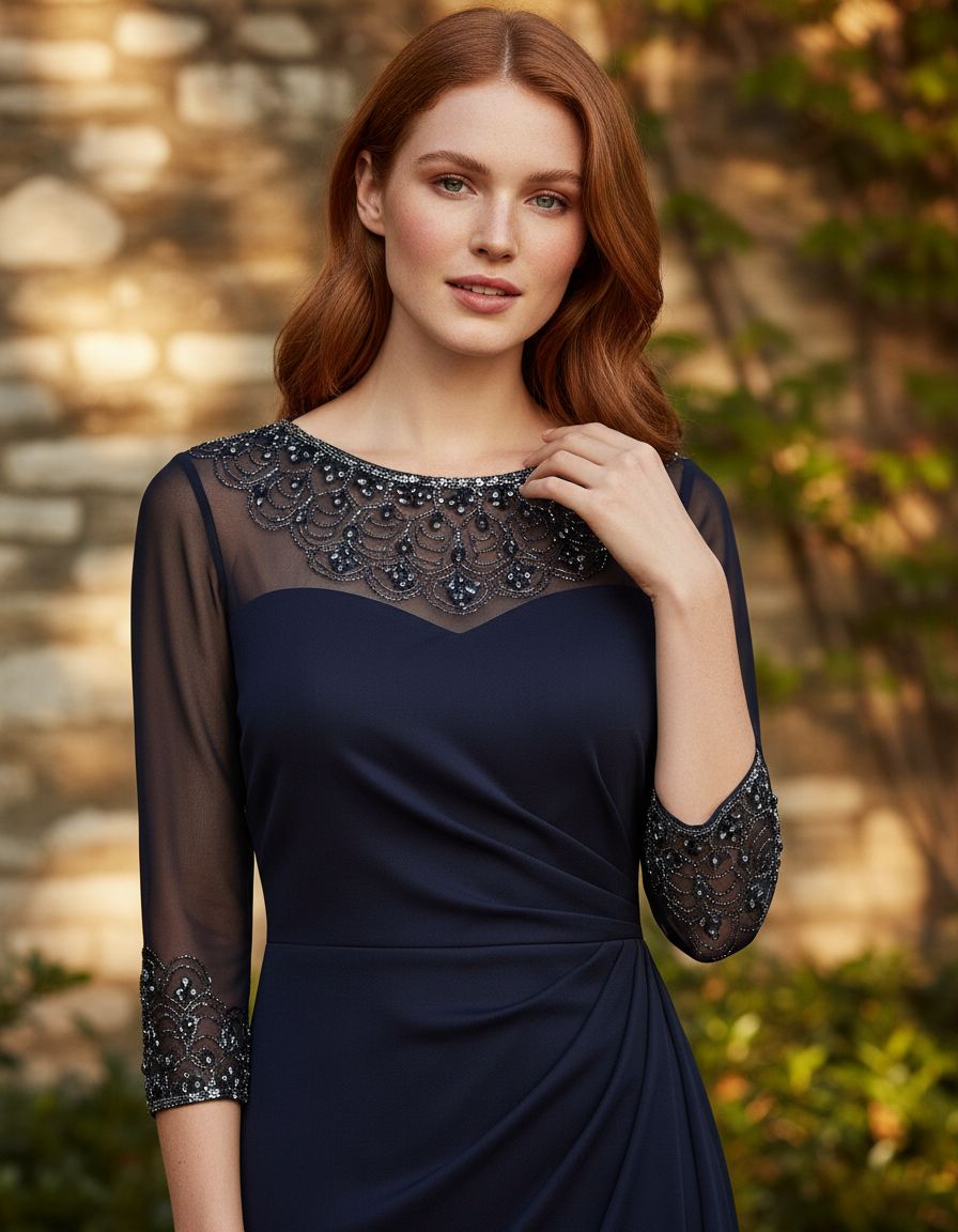 Elegant A-line mother of the bride dress in [color] with illusion neckline and sleeves, available in petite and regular sizes — view 7b