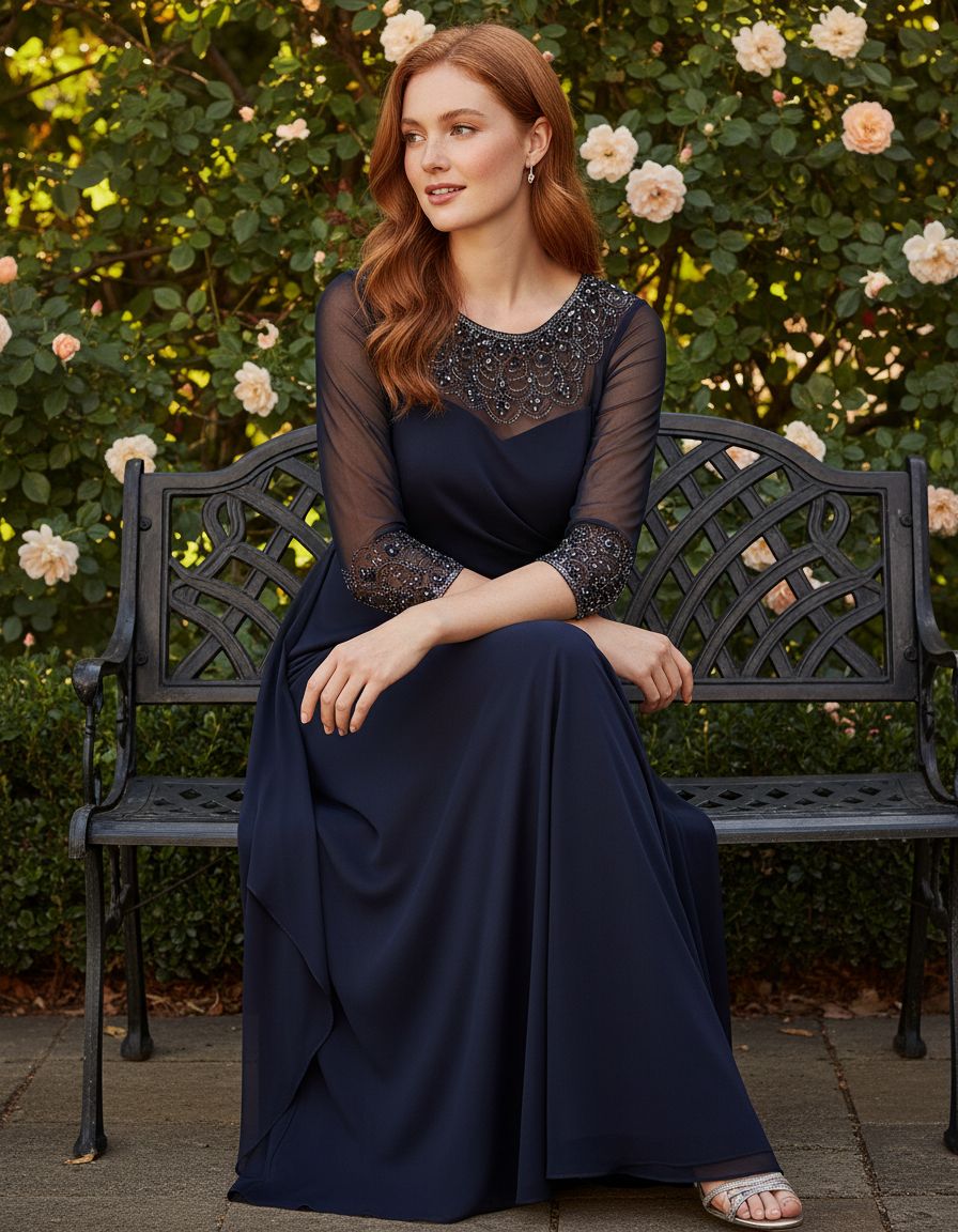 Elegant A-line mother of the bride dress in [color] with illusion neckline and sleeves, available in petite and regular sizes — view 2