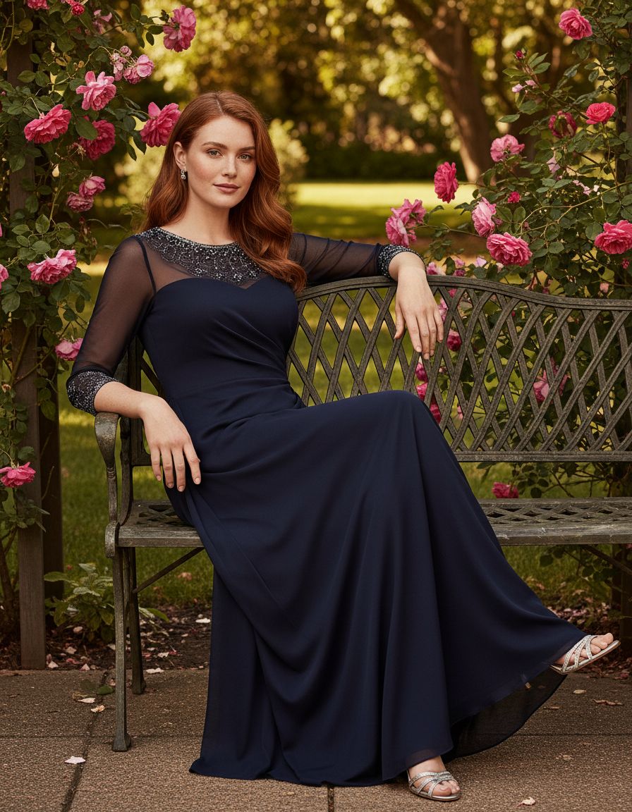 Elegant A-line mother of the bride dress in [color] with illusion neckline and sleeves, available in petite and regular sizes — view 4