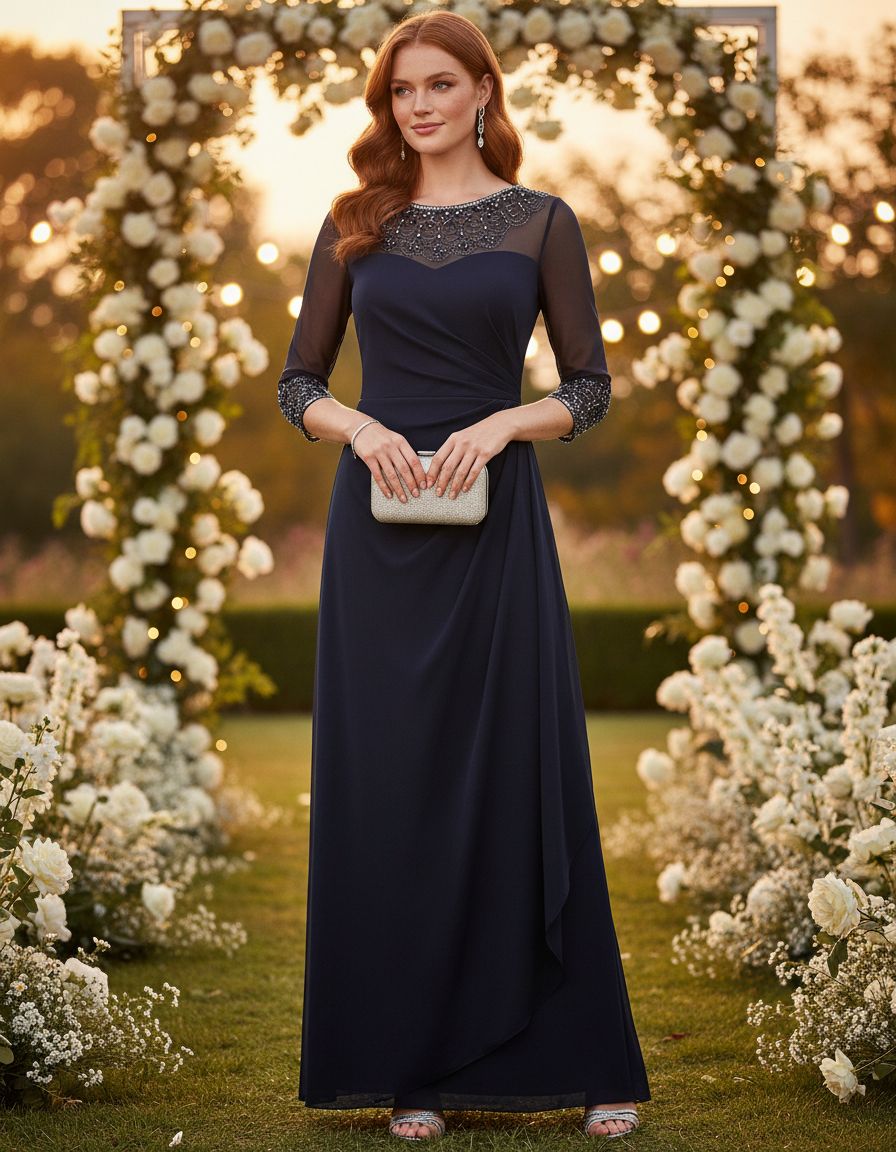 Elegant A-line mother of the bride dress in [color] with illusion neckline and sleeves, available in petite and regular sizes — view 5a