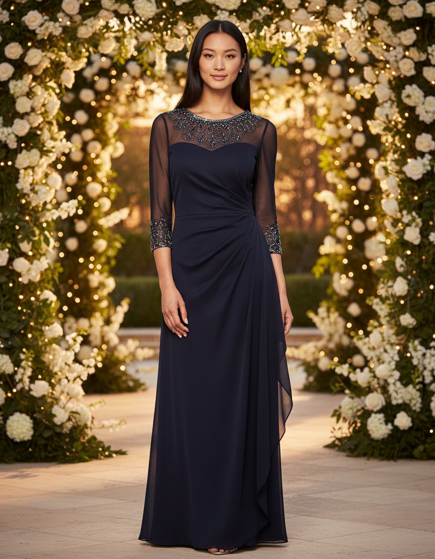 Elegant A-line mother of the bride dress in [color] with illusion neckline and sleeves, available in petite and regular sizes — view 6