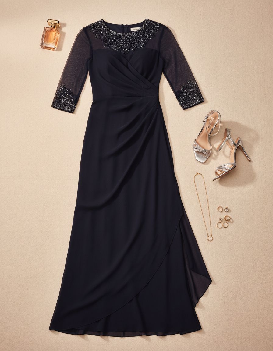 Elegant A-line mother of the bride dress in [color] with illusion neckline and sleeves, available in petite and regular sizes — view 7a