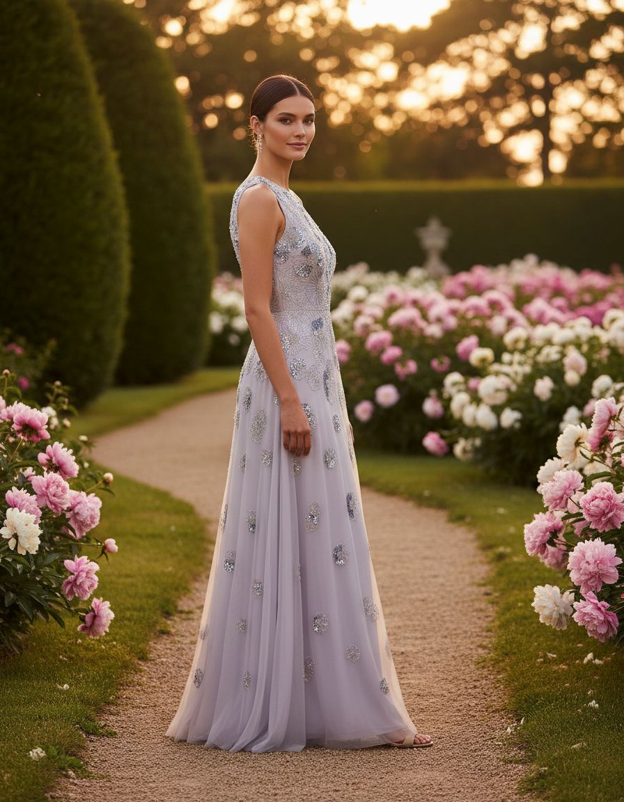 Beaded mesh long dress in {color} for wedding guest and formal occasions — view 5b