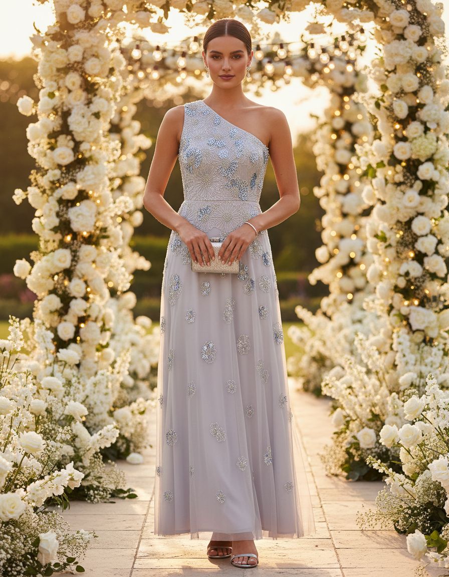 Beaded mesh long dress in {color} for wedding guest and formal occasions — view 5a