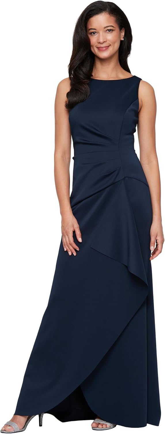 Sleeveless stretch scuba crepe mother of the bride dress in [color] with tucked waist and cascade detail skirt, worn for formal wedding event — view 1