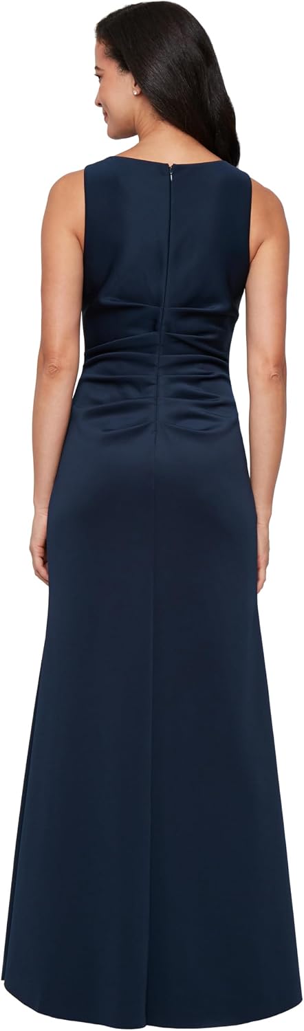Sleeveless stretch scuba crepe mother of the bride dress in [color] with tucked waist and cascade detail skirt, worn for formal wedding event — view 2