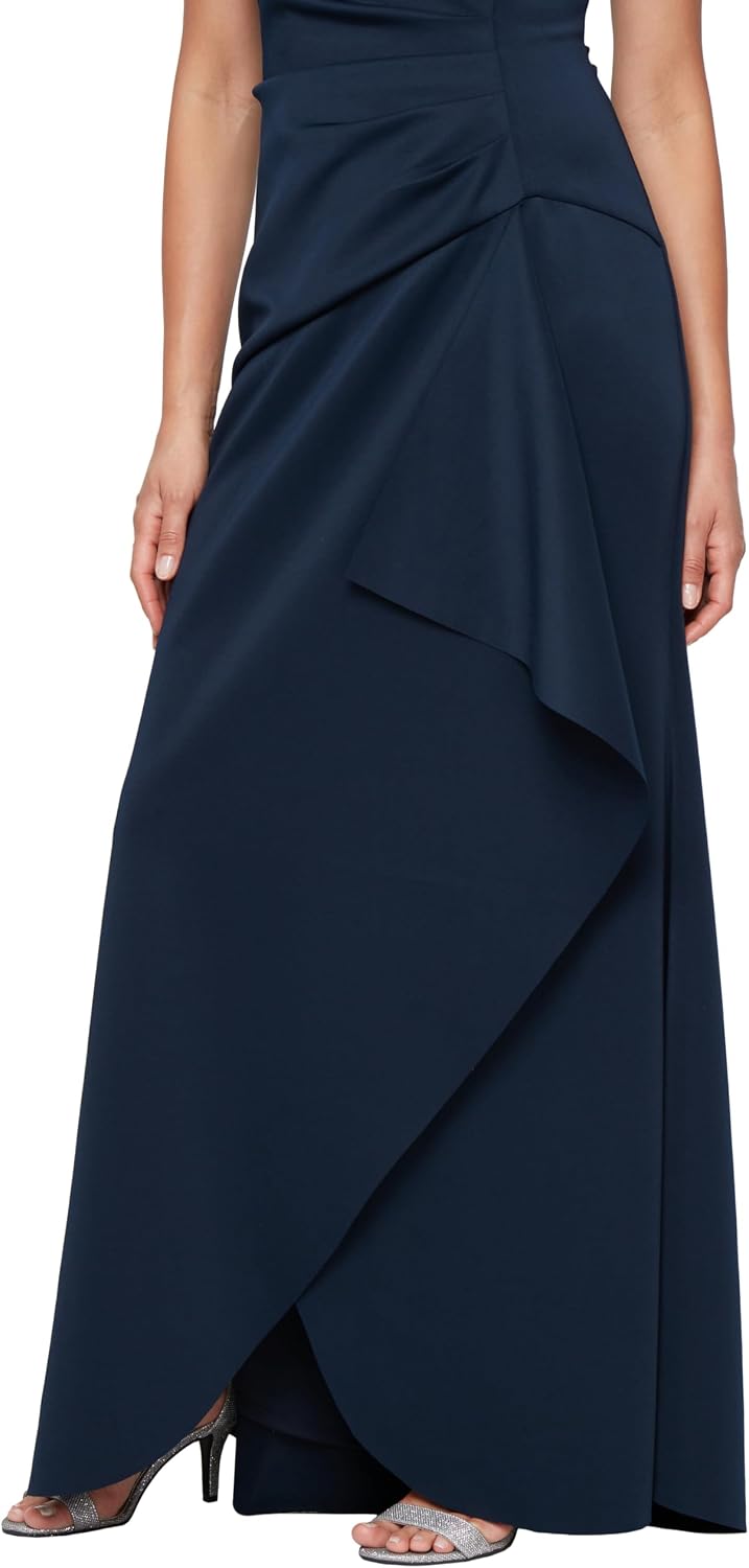 Sleeveless stretch scuba crepe mother of the bride dress in [color] with tucked waist and cascade detail skirt, worn for formal wedding event — view 4