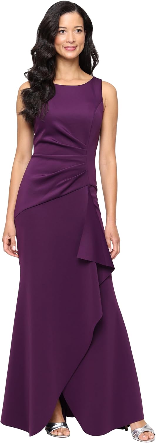 Sleeveless stretch scuba crepe mother of the bride dress in [color] with tucked waist and cascade detail skirt, worn for formal wedding event — view 3