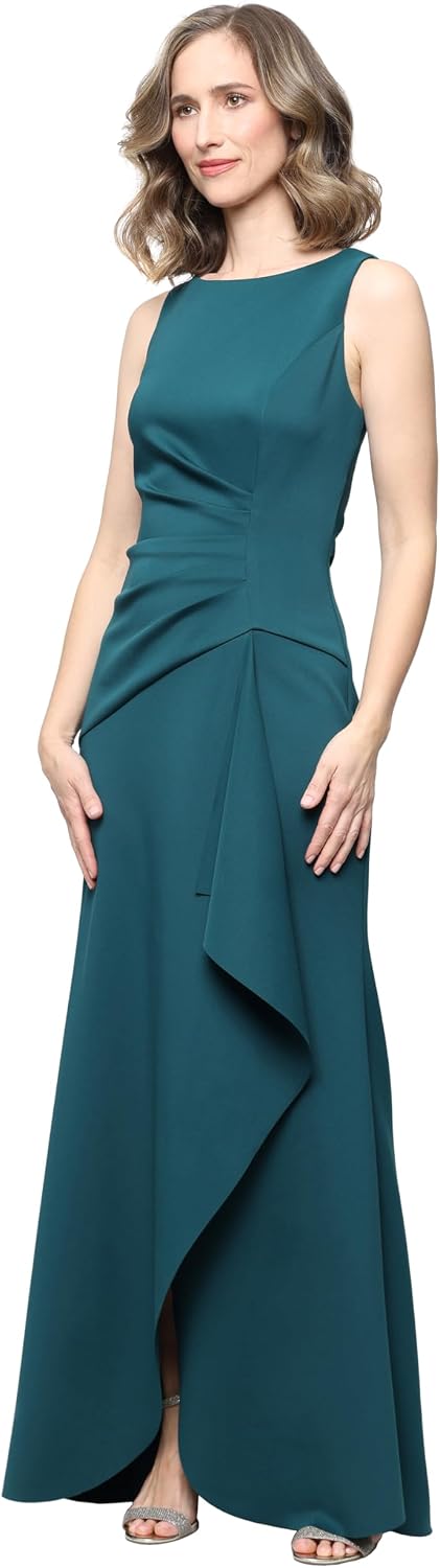 Sleeveless stretch scuba crepe mother of the bride dress in [color] with tucked waist and cascade detail skirt, worn for formal wedding event — view 4
