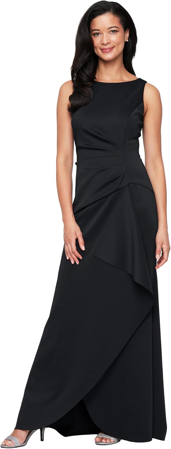 Sleeveless stretch scuba crepe mother of the bride dress in [color] with tucked waist and cascade detail skirt, worn for formal wedding event — view 5