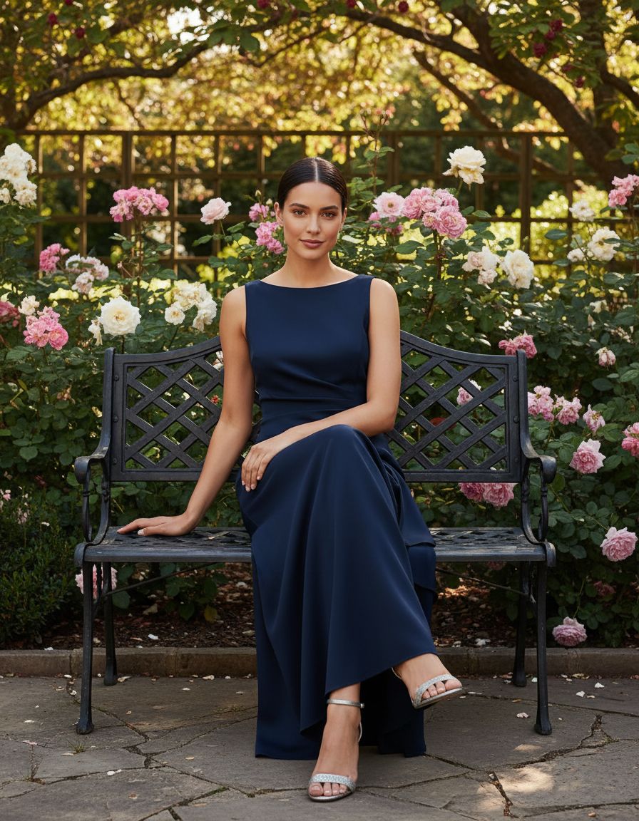 Sleeveless stretch scuba crepe mother of the bride dress in [color] with tucked waist and cascade detail skirt, worn for formal wedding event — view 2