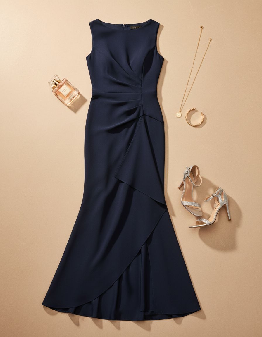 Sleeveless stretch scuba crepe mother of the bride dress in [color] with tucked waist and cascade detail skirt, worn for formal wedding event — view 7a