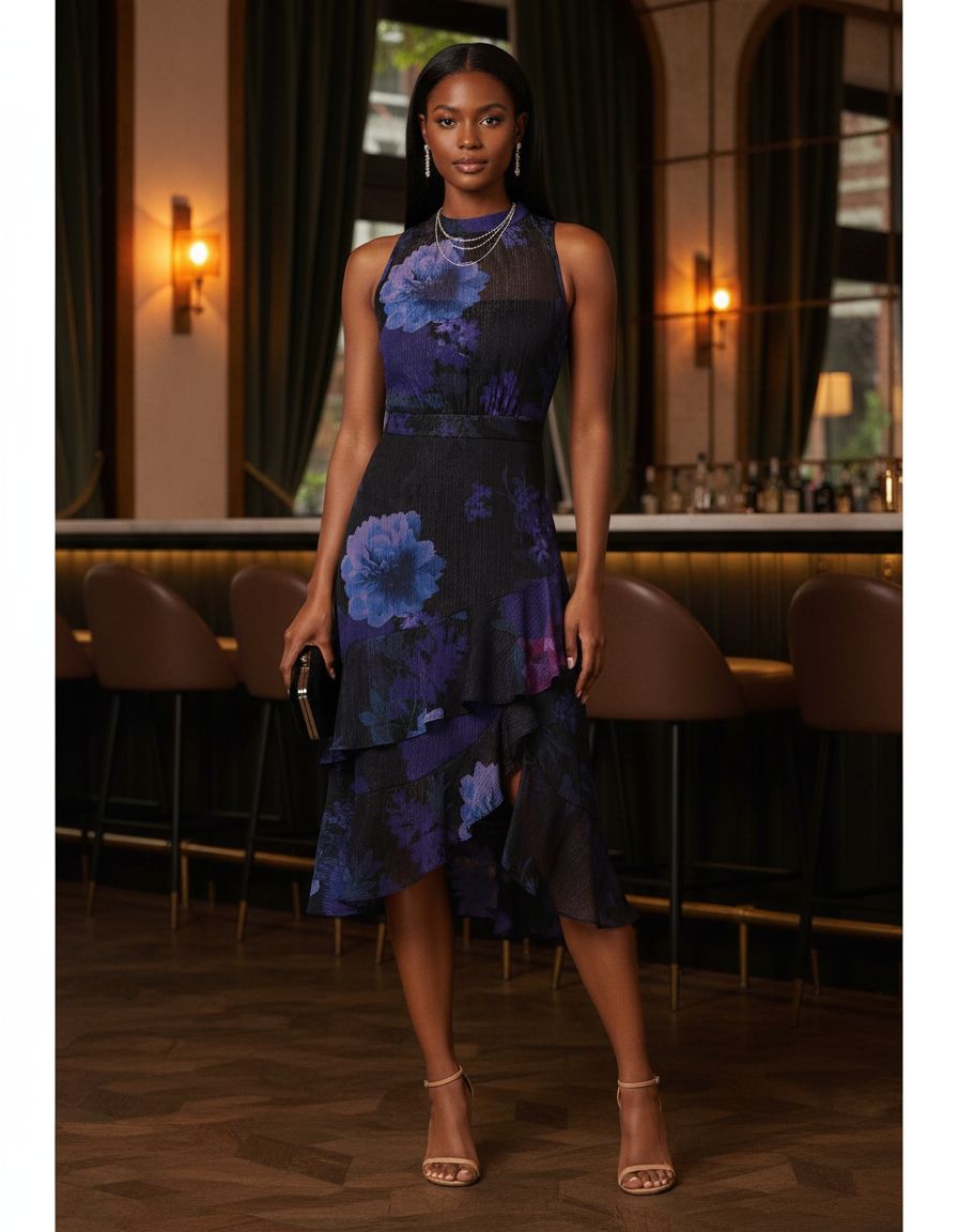 Elegant halter glitter midi dress in [color] for date night and cocktail events — view 5a