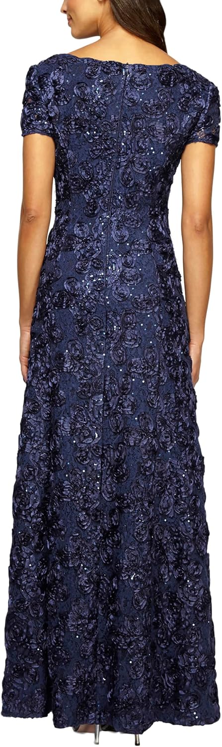 Elegant long rosette mother of the bride dress with short sleeves in [color], shown on model for formal wedding guest occasion — view 2