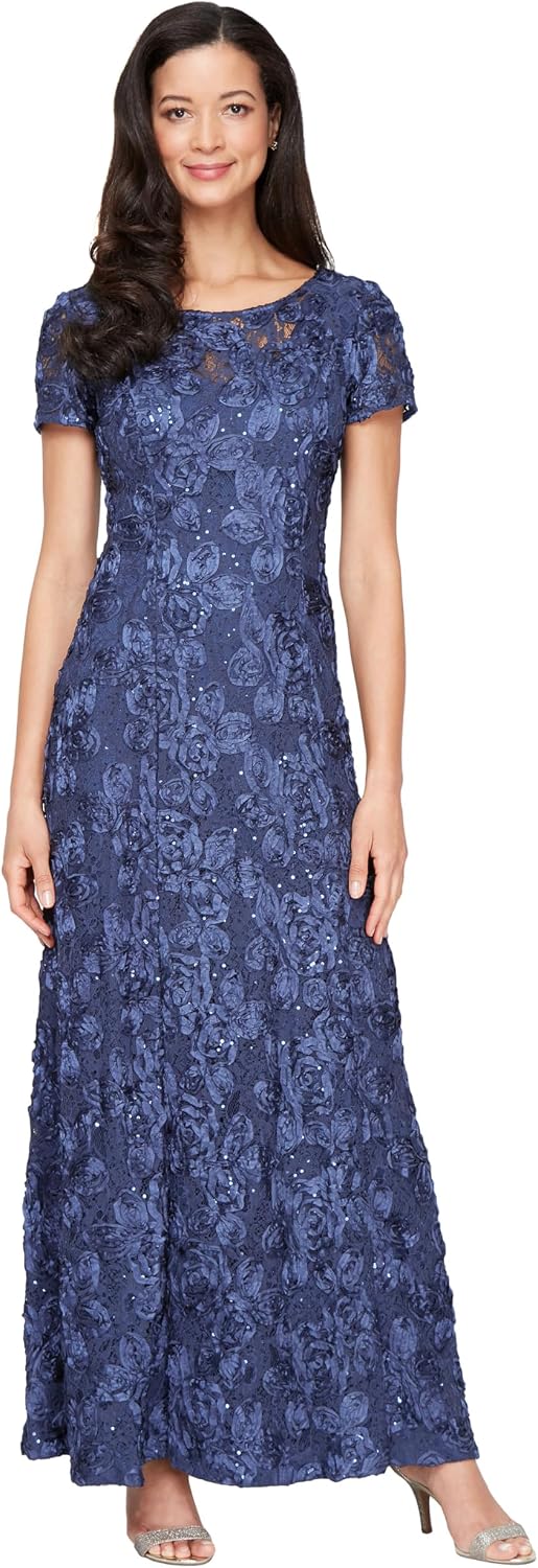 Elegant long rosette mother of the bride dress with short sleeves in [color], shown on model for formal wedding guest occasion — view 3
