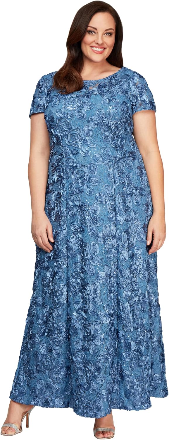 Elegant long rosette mother of the bride dress with short sleeves in [color], shown on model for formal wedding guest occasion — view 4