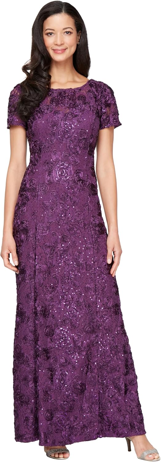 Elegant long rosette mother of the bride dress with short sleeves in [color], shown on model for formal wedding guest occasion — view 5