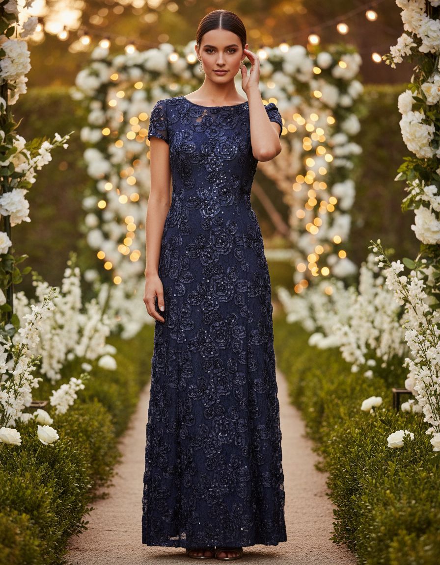 Elegant long rosette mother of the bride dress with short sleeves in [color], shown on model for formal wedding guest occasion — editorial hero