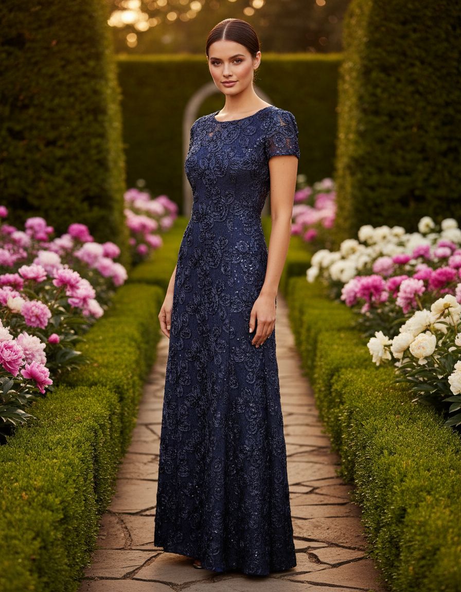 Elegant long rosette mother of the bride dress with short sleeves in [color], shown on model for formal wedding guest occasion — view 3b