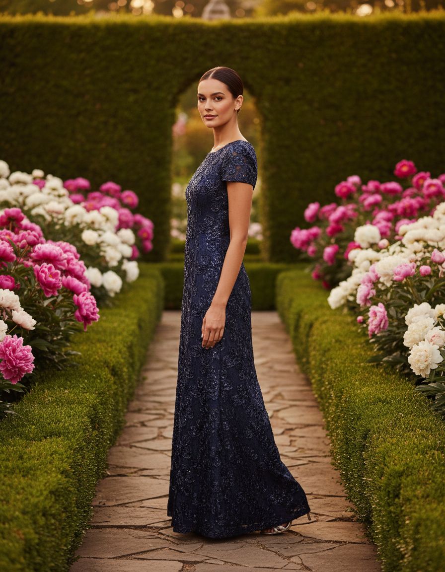 Elegant long rosette mother of the bride dress with short sleeves in [color], shown on model for formal wedding guest occasion — view 5b