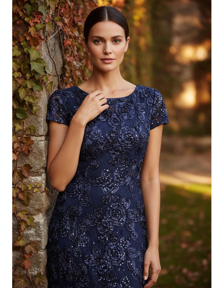 Elegant long rosette mother of the bride dress with short sleeves in [color], shown on model for formal wedding guest occasion — view 7b