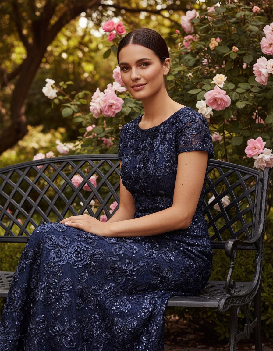 Elegant long rosette mother of the bride dress with short sleeves in [color], shown on model for formal wedding guest occasion — view 2