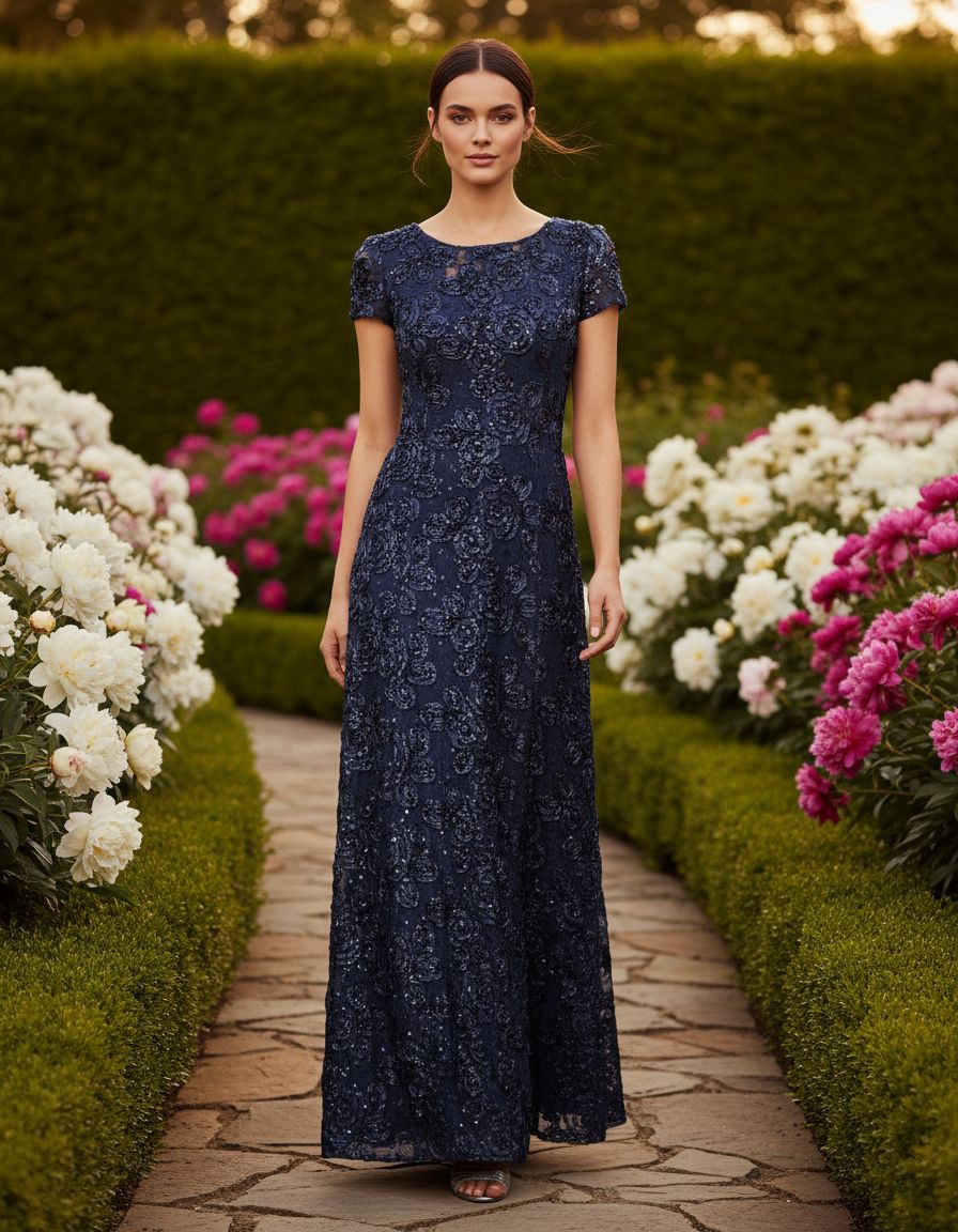 Elegant long rosette mother of the bride dress with short sleeves in [color], shown on model for formal wedding guest occasion — view 3a