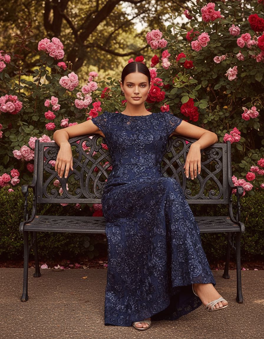 Elegant long rosette mother of the bride dress with short sleeves in [color], shown on model for formal wedding guest occasion — view 4