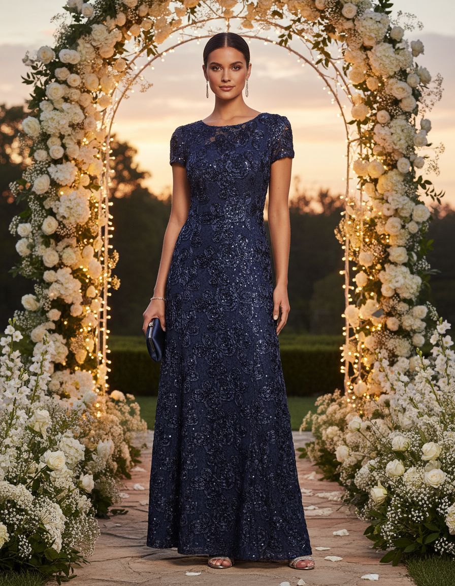 Elegant long rosette mother of the bride dress with short sleeves in [color], shown on model for formal wedding guest occasion — view 5a