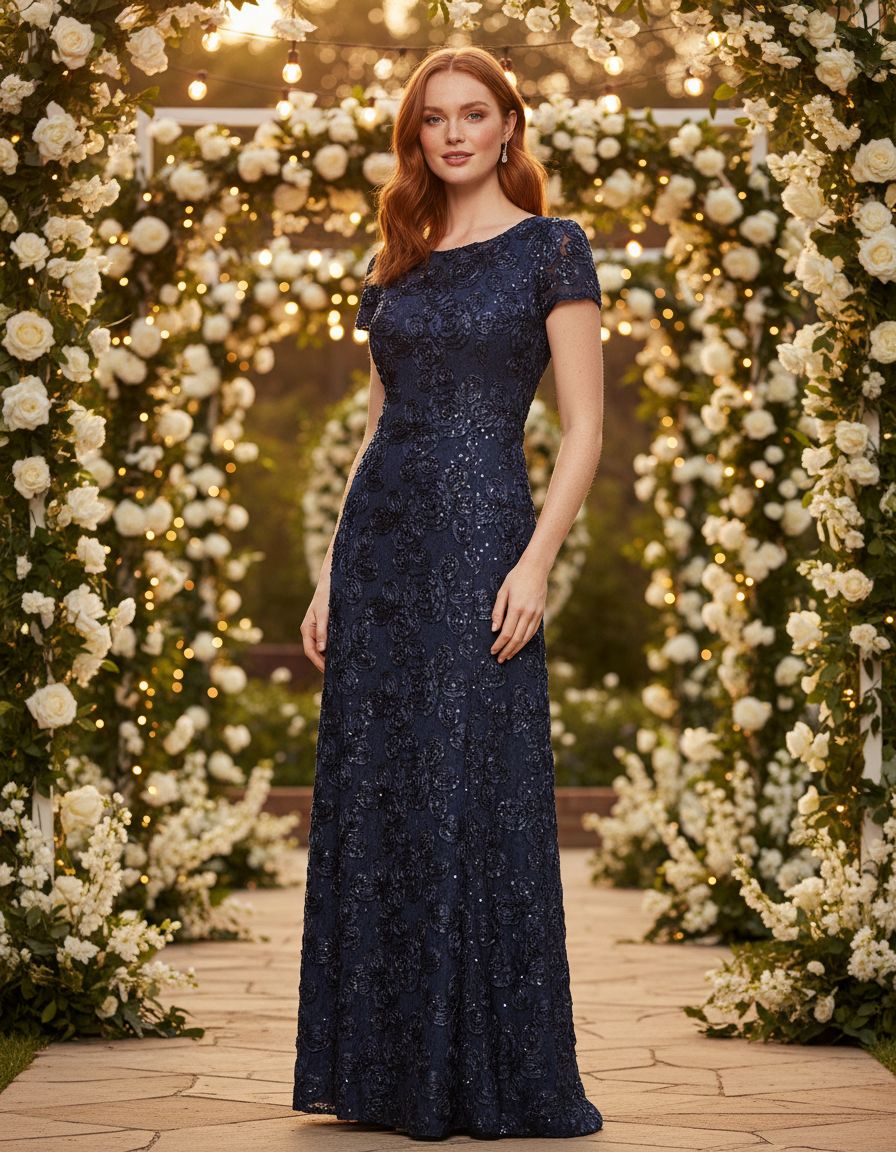 Elegant long rosette mother of the bride dress with short sleeves in [color], shown on model for formal wedding guest occasion — view 6
