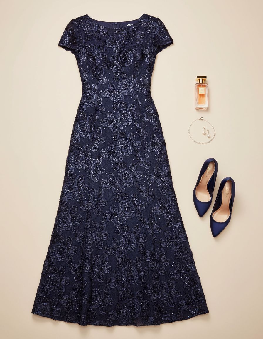 Elegant long rosette mother of the bride dress with short sleeves in [color], shown on model for formal wedding guest occasion — view 7a